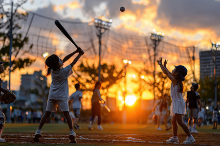 Two children engage in a baseball game as the sun sets behind them, casting a golden glow in the park.の写真素材