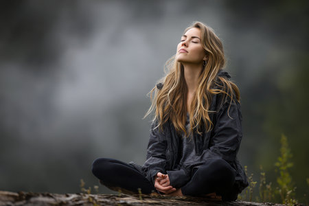 A woman sits peacefully on a log in nature, eyes closed, embracing tranquility amidst soft mist.の素材