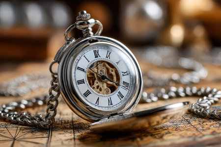 An open pocket watch with a silver case and chain rests on an antique mapの素材