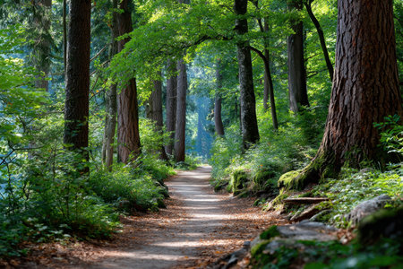 A serene forest path, under dappled sunlight, with a sudden rustling of leavesの素材