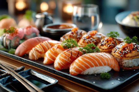 A platter of assorted sushi is presented on a wooden tableの素材