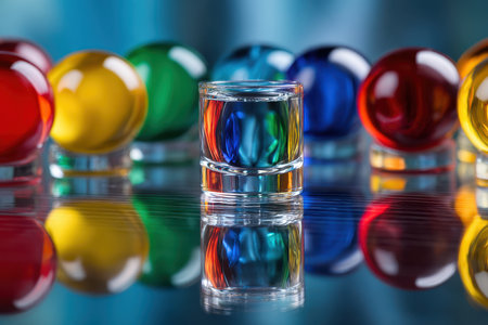 Brightly colored glass marbles surround a clear glass filled with water, reflecting vibrant hues and shapes.の素材