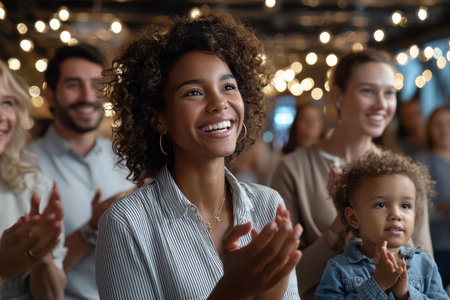 A diverse group of people, including a woman with curly hair and a child, enthusiastically applauding during an event.の素材