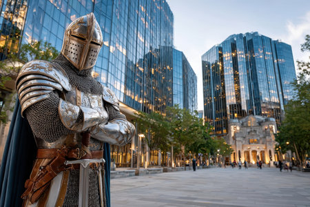 A knight in full armor poses confidently in a lively city square, surrounded by skyscrapers at twilight.の素材