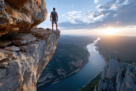 A lone hiker stands atop a cliff at sunset, overlooking a river valleyの素材