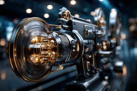 An ornate film projector showcases detailed engineering at a vintage cinema exhibition.の素材