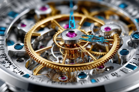 Closeup of the intricate gears and mechanisms inside a watchの素材