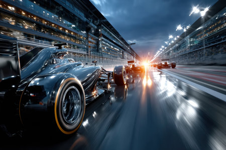 Formula One cars race at high speed on a wet trackの素材