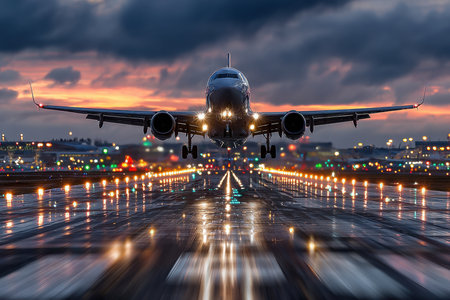 A passenger jet lands on a wet runway at sunsetの素材