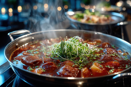 Closeup of steaming beef stew in a silver pot, garnished with fresh herbsの素材