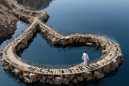 A person walks along a heart-shaped path made of wood and stone, surrounded by tranquil water and mountains.の素材