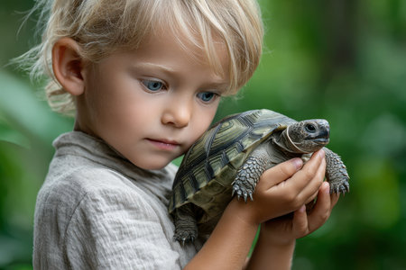 A child examines a tortoise closely while surrounded by vibrant greenery on a sunny day.の素材