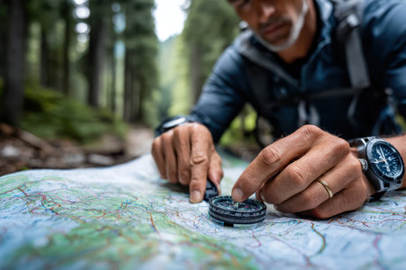 A person navigates through the forest using a compass and map while examining their route under sunlight.の素材