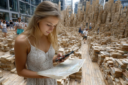A young woman stands amidst a unique wooden sculpture in the city, using a map and checking her phone for directions.の素材