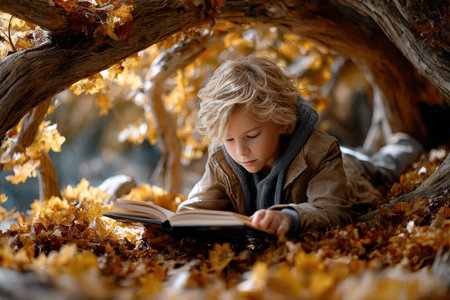 A young boy lies on colorful autumn leaves, engrossed in reading a book under tree branches, enjoying nature.の素材