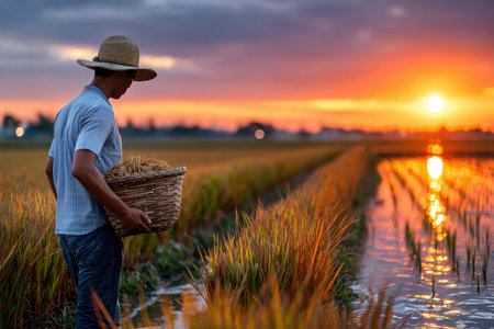 A farmer carries a basket of rice through a flooded paddy field at sunsetの素材