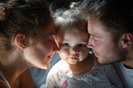 Parents share a tender moment with their child, creating a warm, loving atmosphere in soft lighting.の素材