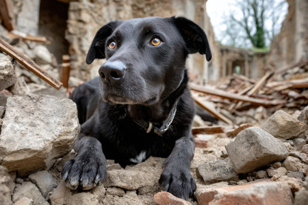 A black dog lies peacefully on the rubble of a ruined structure, looking alert and observing in daylight.の素材