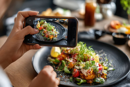 Someone uses a smartphone to photograph an artfully plated meal at a stylish dining venue.の素材