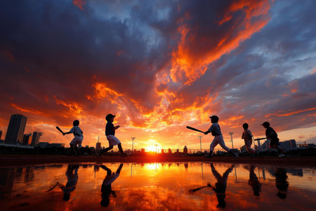 Children enjoy a baseball game at sunset, silhouetted against a colorful sky reflecting on the field.の素材