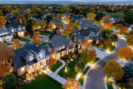 An aerial view of a suburban neighborhood decorated for autumnの素材