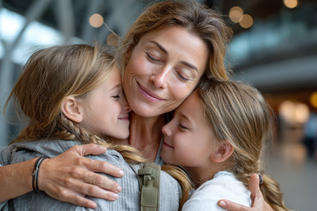A mother shares a warm hug with her daughters at the airport, celebrating their joyful reunion after time apart.の素材