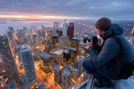 A photographer on a rooftop captures the vibrant city skyline as dusk sets in, illuminating the buildings.の素材
