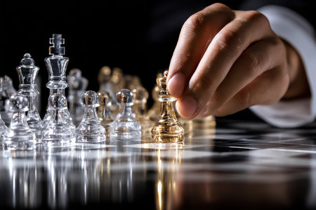 A hand carefully places a transparent pawn on a chessboard, highlighting focus and strategy during play.の素材