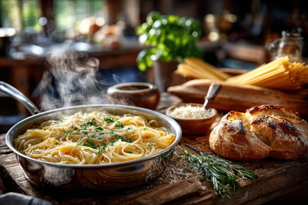 A rustic Italian kitchen scene with a steaming pot of pasta, shot in natural light, focusing on the texture and warmth of the foodの素材