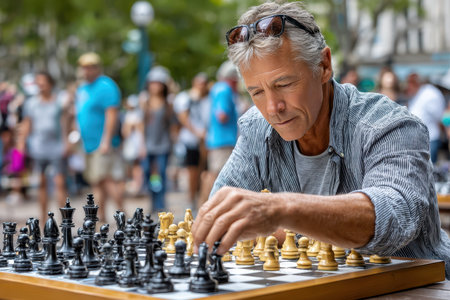 A man plays chess outdoors, concentrating deeply as onlookers pass by in a lively park atmosphere.の素材