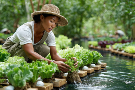 A woman is carefully harvesting fresh lettuce in a lush aquaponic farm surrounded by greenery and water.の素材