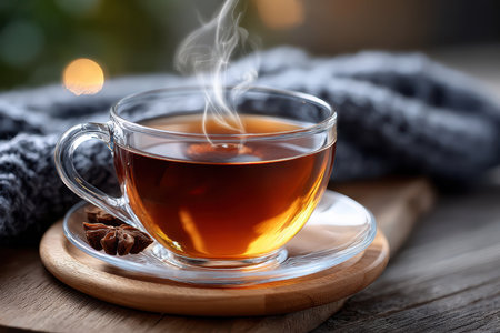 A close-up of a steaming cup of tea, under soft, natural light, captured with a macro lens, evoking a sense of warmth and comfortの素材