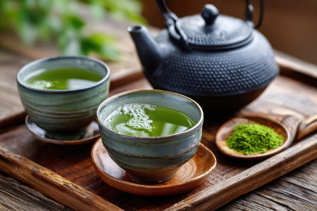 Two cups of matcha green tea are presented with a teapot and powder on a wooden trayの素材