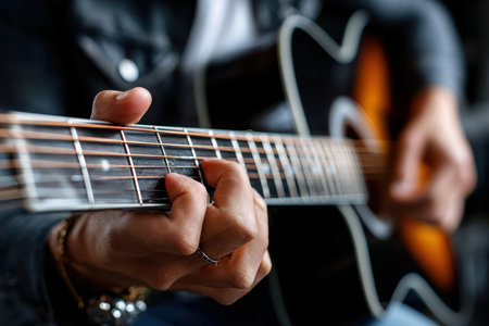 Musician strums an acoustic guitar, capturing a relaxed atmosphere while creating soothing melodies.の素材