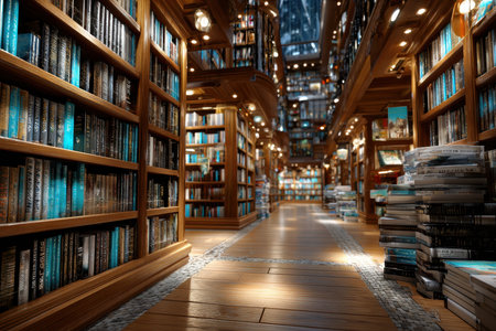 Wooden bookshelves filled with books line a multilevel library interiorの素材
