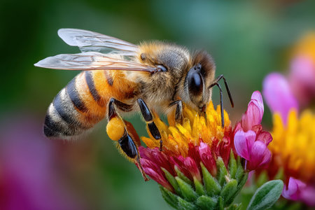 A bee pollinates a colorful flower in a closeup viewの素材