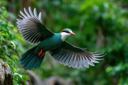 A colorful bird with outstretched wings soars through a lush green forestの素材