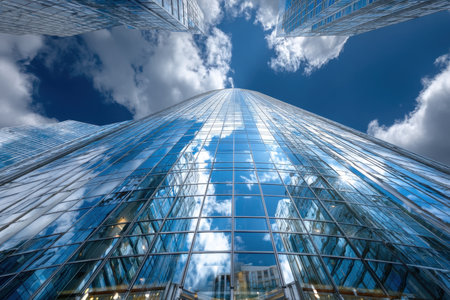 Low angle view of a modern skyscraper with glass facade reflecting the sky and cloudsの素材