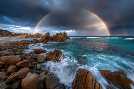 Ocean waves crash against a rocky shore beneath a dramatic rainbow at sunsetの素材