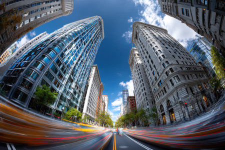 Fisheye view of a city street with motion blurred light trailsの素材