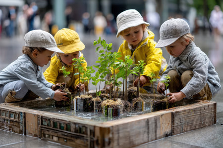 Four children are planting young trees in a water-filled wooden structure in a bustling park environment.の写真素材