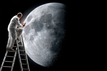 A person in a white suit climbs a ladder to engage with the moon, showing human curiosity and innovation.の写真素材