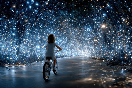 A young child cycles through a stunning tunnel decorated with twinkling lights, creating a dreamlike atmosphere.の素材