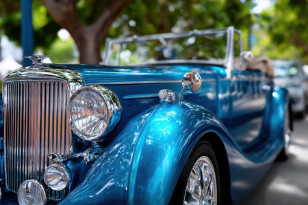 Closeup of a shiny blue classic convertible carの素材