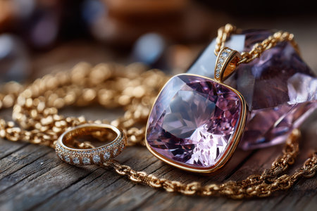 Gold necklace with a large amethyst pendant and a diamond ring displayed on a wooden surfaceの素材