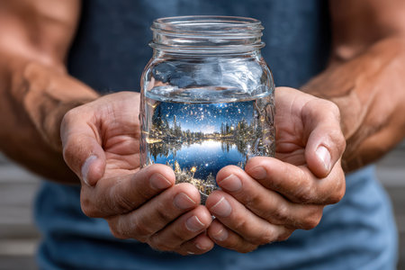 A person with strong hands presents a jar filled with clear water, showing a beautiful night landscape inside.の素材