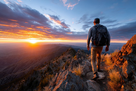 A hiker with a backpack walks along a mountain ridge at sunsetの写真素材