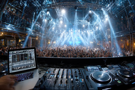 A DJ mixing tracks in a packed club, shot with a fisheye lens, capturing the pulsating energy of electronic music, ultrarealistic photo --ar 3:2 --raw --profile nk3i4wf --stylize 250 --v 7 Job ID: a5fcc358-9ea1-4c96-995b-00e50b9974fdの写真素材