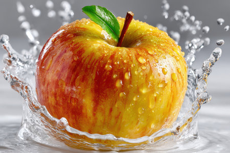 A minimalist shot of a single, ripe apple on a white background, conveying simplicity and freshness, in high-key lighting, using a large format camera, with a sudden drop causing a splash.の素材
