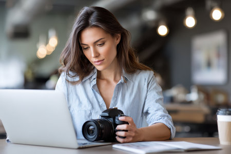 Focused individual reviews pictures on laptop with a camera in hand at a stylish cafe during the afternoon.の素材